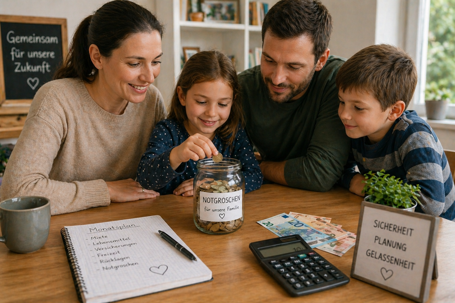 Familie sitzt gemeinsam am Tisch und baut einen Notgroschen auf, während Eltern Budget planen und Kinder Münzen in ein Sparglas für finanzielle Sicherheit legen.